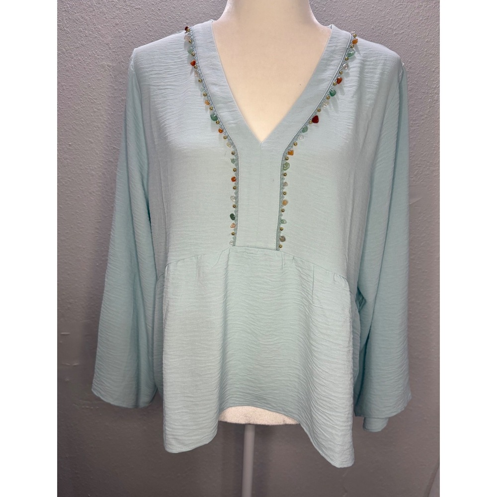 G by Giuliana Women Blue Textured V-Neck Stone Embellished Peplum Blouse Size M